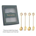 Titanium gold spoon and fork set with pink heart pendants in a green gift box - 4PCS Green Box 304 Pink Heart Spoons & Forks / Silver