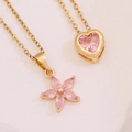 Colliers dorés en acier inoxydable avec pendentifs en zircon rose fleur et cœur - Style Petite Fleur de Coeur (10#)