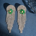 Sparkling silver fringe earrings featuring green floral studs and long rhinestone tassels - Gold (ERS-J4289G)