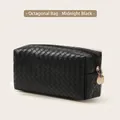 Midnight black woven PU leather octagonal cosmetic bag with golden double zippers - Octagonal Pouch / Midnight Black