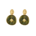 French style gold earrings with dark green marble resin and vintage starburst details - Gold Green