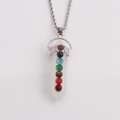 Polished silver alloy hexagonal white crystal necklace featuring seven chakra gemstones - Clear Quartz Hexagonal Column