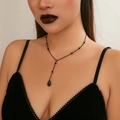 Gothic black beaded Y-necklace with teardrop pendant worn on a model with black velvet dress - 01 Black Y-Shape Necklace