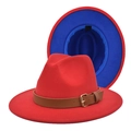 Detail of fedora hat showing royal blue interior lining and red felt brim with leather belt - M(56-58cm) / Red and Royal Blue