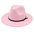 Close-up of pink wool fedora hat with black leather belt strap and metal buckle - Pink (Small Black Leather Belt)
