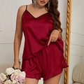 Set pigiama in raso bordeaux da donna con canotta scollo a V e pantaloncini a balze - 3XL / Borgogna