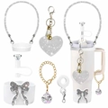 Close-up of sparkling heart keychain, rhinestone bow boot, and diamond straw cap set - White Cow Rhinestone Set