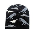 Detailed view of the fine knit texture and cartoon dinosaur patterns on the beanie - M(48-52cm) / Black With Grey Dinosaur