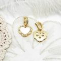 Boucles d'oreilles cœur plaquées or 18K avec nacre blanche sur dentelle et plumes - Pendentif cœur