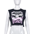 Dettaglio del crop top nero senza maniche con stampa grafica bianca stile Rock & Roll - Taglia S / Nero