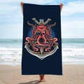 Double-sided microfiber beach towel with red octopus pirate skull on navy background - B43-Pirate Style Octopus and Anchor