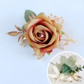 Vintage orange silk rose boutonniere with golden leaves and safety pin for weddings - Corsage / Caramel color