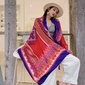 Ethnic style large red and purple shawl scarf with geometric patterns and tassels - Blue Border Rhombus