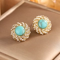 Macro detail of vintage gold earrings with turquoise center and small white rhinestones - Spiral / Gold + Lake Blue Turquoise