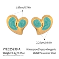 Detail view of turquoise enamel heart earrings in gold finish with precise size dimensions - Turquoise Heart Style (YYE025238-A)