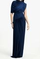 Elegant navy blue maxi party dress with pleated waist and one-shoulder draping - S / Dark Blue