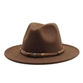 Dark brown wide-brim fedora hat with braided rope band and vintage skull metal badge - One Size 58cm / Coffee