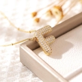 Gold-plated letter F pendant necklace with clear cubic zirconia in chubby design - Letter F (18k Gold + Bead Chain)