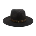 Chapeau fedora en paille noir avec large bord et ruban en cuir orné de clous - Taille unique / Chapeau de Paille Noir (Bande en Cuir Café)