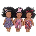 Three African reborn baby dolls with curly hair, floral outfits and music function - 33CM Girl Doll Set of 3