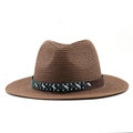 Women's summer straw fedora hat with brown woven texture and bohemian beaded band - M (56-58cm) / Ethnic Beaded Style / Brown