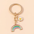 Rainbow and daisy keychain with gold ring for bags and backpacks accessory charm - White Daisy