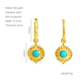 Vintage stainless steel hoop earrings with gold finish and inlaid blue turquoise charms - Round Inlaid Blue Turquoise Style (481)