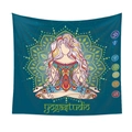 Detail of meditation tapestry showing seven chakras and woman in yoga pose on blue background - Qy419-11