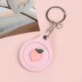 Pink faux leather card holder keychain with 3D peach charm and silver metal clasp - Snap Button Style - Peach