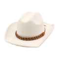 White cowboy felt hat with brown beaded ethnic band on a clean white background - One Size / White
