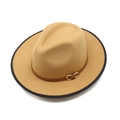 Camel wollen gleufhoed met brede rand, zwarte bies en leren band met gouden gesp - M(56-58cm) / camel