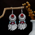 Bohemian leaf dangle earrings with red stone and colorful beads on silver finish - Red Blue and Purple (E4641-2)