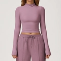 Slim fit dark purple yoga set with high neck cropped top and drawstring sweatpants - S / Tops / Grey Purple