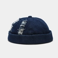 Close-up of distressed denim docker hat detailing ripped edge and vintage texture - Adjustable / Distressed Dark Blue Denim