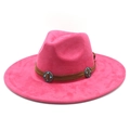 Pink faux suede fedora with brown leather band and turquoise stone metal accents - M (56-59cm) / Rose Red
