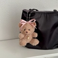Brown teddy bear plush charm with pink bow and pearl heart necklace for bags - Popular Heart Brown Bear Bag Charm