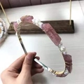 Handmade headband featuring natural pink quartz stones and white pearls with gold wire wrap - Strawberry Quartz Gold Wire Silver Headband