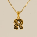 Gold letter R pendant necklace with black vintage texture and sturdy cross chain - Gold Letter R