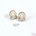 Detail of cartoon mummy wooden stud earrings showing 13x16mm size and natural wood texture - Mummy