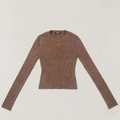 Détail de la maille côtelée et broderie étoile sur un haut marron à manches longues - S / Brun Annihilation