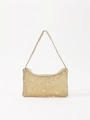 Close-up of sparkling gold rhinestone mesh and zipper detail on evening underarm bag - Gold