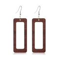 Detail of dark brown hollow wooden rectangular earrings with natural grain and metal hooks - Style 61