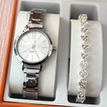 Silver quartz watch and heart link bracelet set with rhinestones in an orange gift box - Silver Watch Multiple Heart Bracelet Set