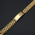 Macro detail of a gold stainless steel watch-style bracelet with a smooth plaque on leather - Gold with ID Bar