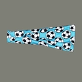 Blue elastic sports headband featuring a black and white football pattern for workout - Large Soccer Lake Blue