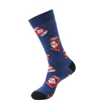 Detail of dark blue cotton crew socks featuring red beer can pattern and black reinforced heel - Navy Beer (A864)