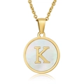 18K gold plated necklace featuring a round shell pendant with a metallic letter K - White Mother of Pearl Letter K