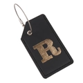 Custom black leather luggage tag with gold letter R and secure steel wire loop - Letter R