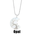 Opal crescent moon necklace with silver wire-wrapped tree of life pendant on bead chain - Opal-White