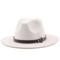 Detail of off-white wool fedora hat featuring black leather band and gold metal buckle - M (56-58cm) / 08 White